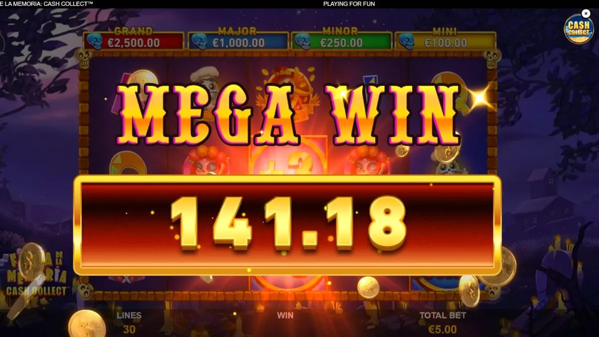 Tela do jogo Fiesta de la Memoria Cash Collect com elementos neon e símbolos temáticos.